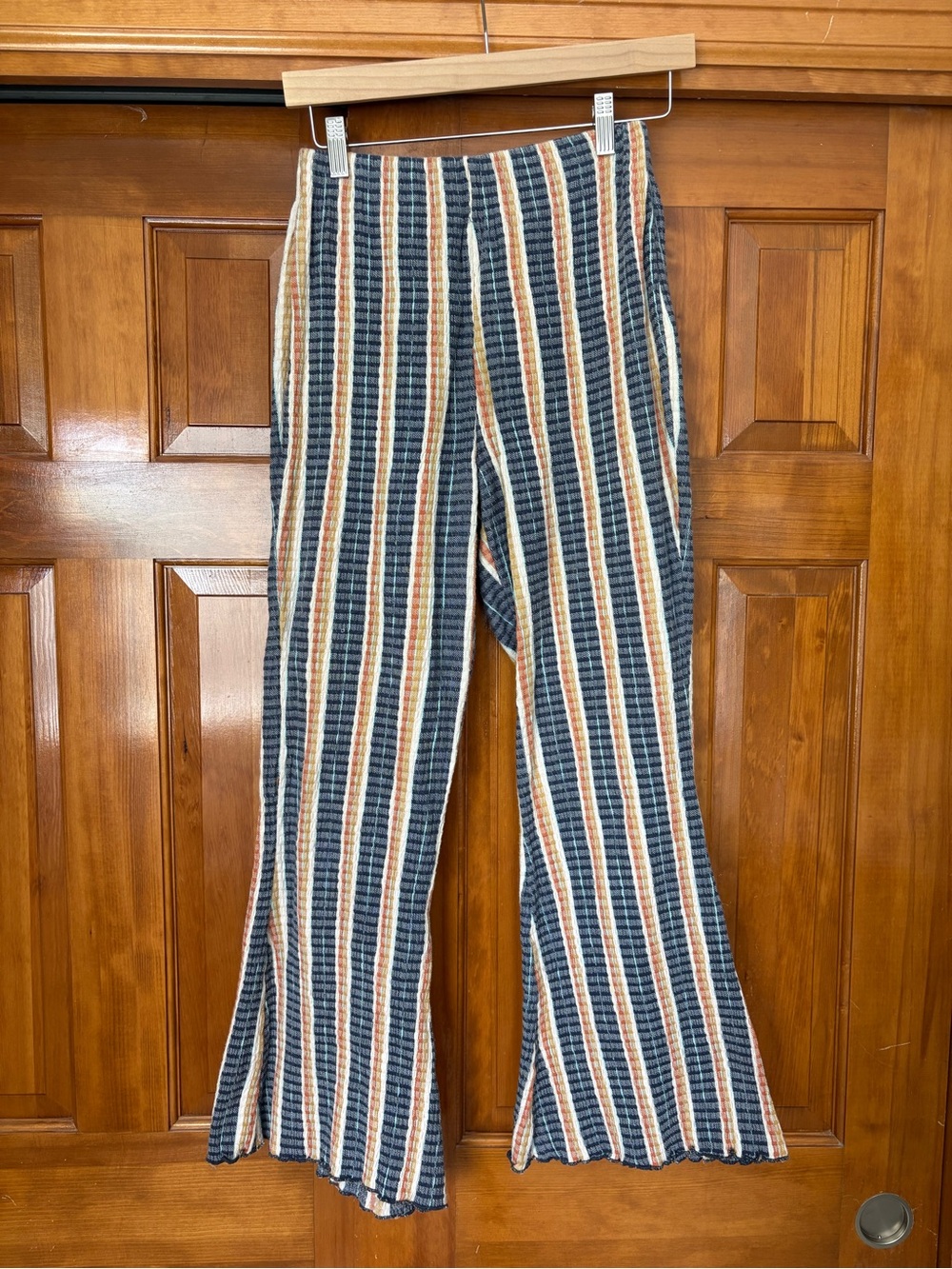 Free People Slim High Waist Flare Striped Pants Navy Marin Stretchy Boho Size XS